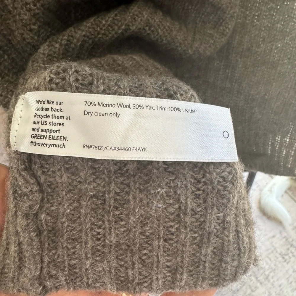 EILEEN FISHER Gray Knit Crewneck Sweater with Brown Leather Elbow Patches - Picture 6 of 6